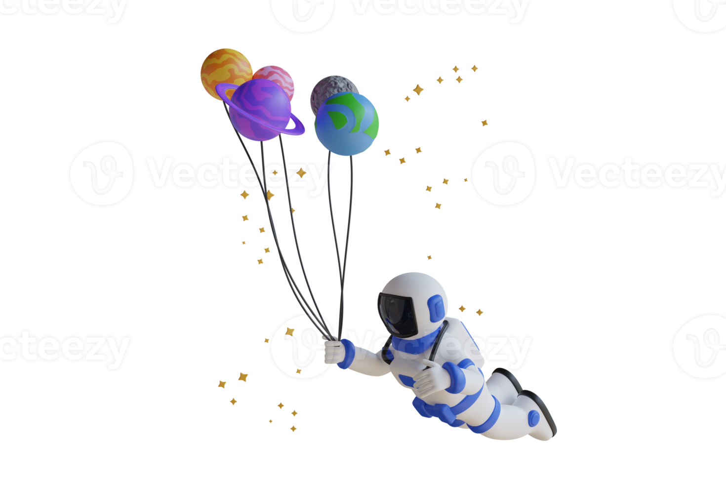 3d illustratie van astronaut vliegend met planeet ballonnen. astronaut drijvend met planeet ballonnen in ruimte. 3d illustratie png
