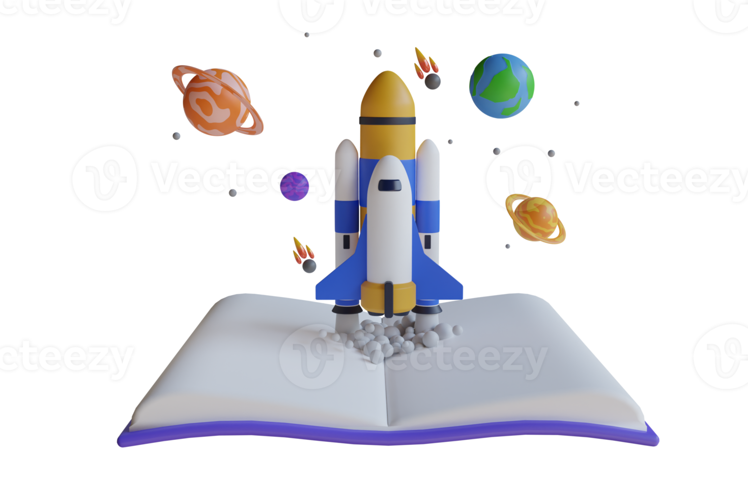 3D Illustration of Rocket launch on top of a book. A book with a rocket