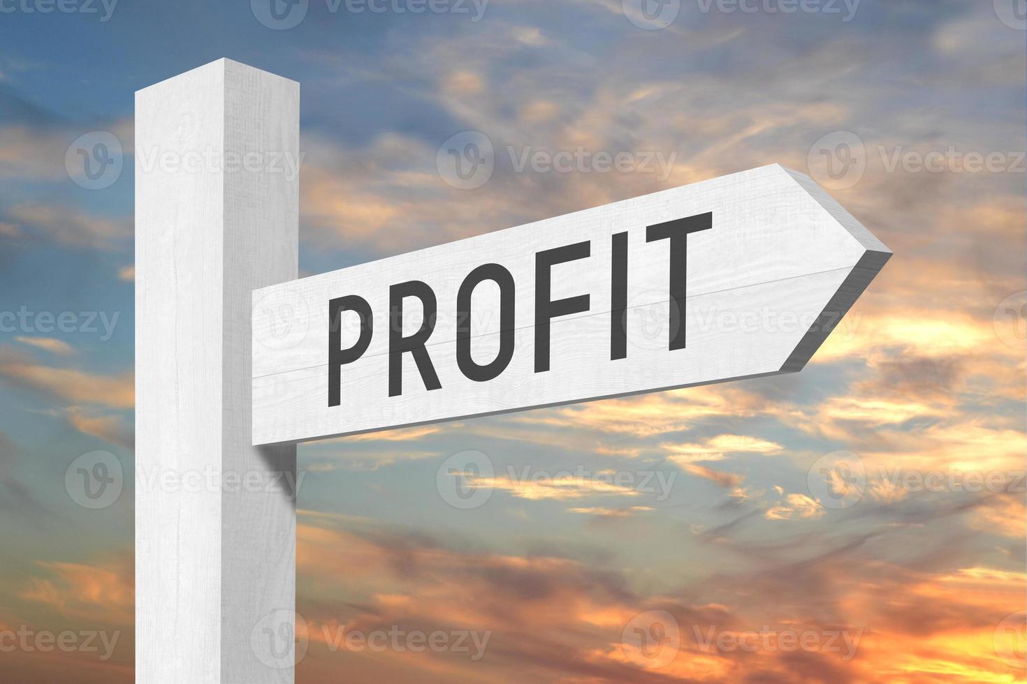 Profit - White Wooden Signpost with one Arrow and Sunset Sky in Background photo