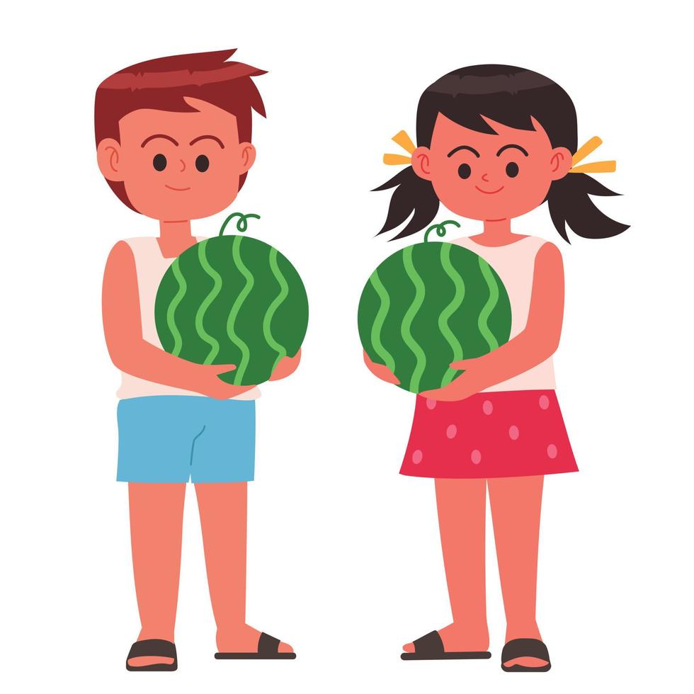 Boy and girl holding watermelon cartoon vector