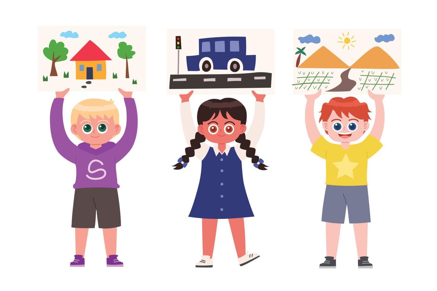 Children holding drawing cartoon vector