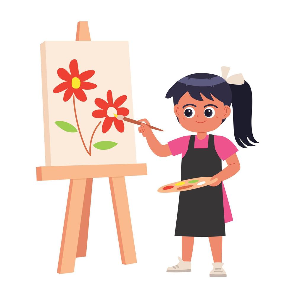 Little girl painting flowers cartoon vector