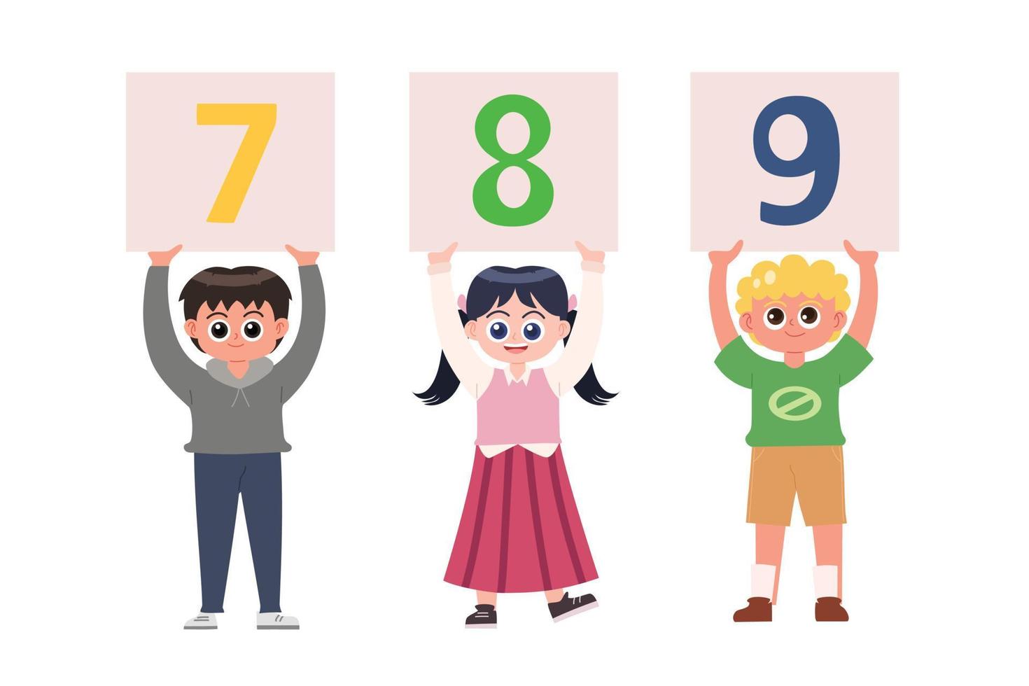 Children holding signs with number 7 to 9 cartoon vector