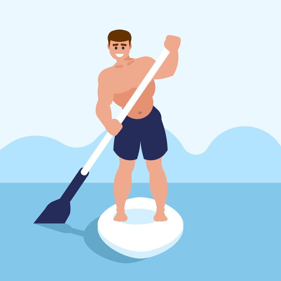 vector man swim on stand up paddle board