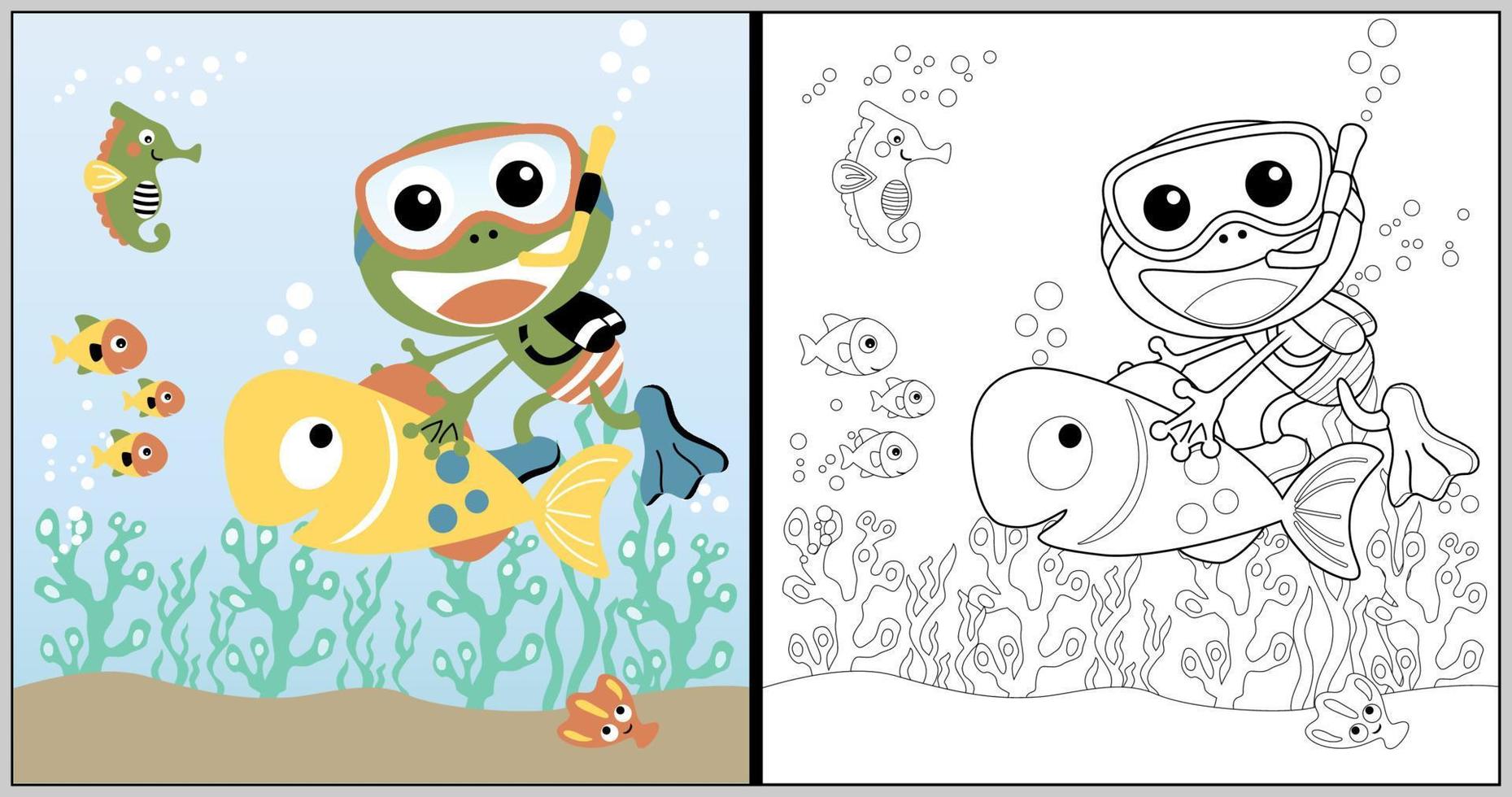 vector cartoon of cute frog with marine animals, coloring book or page