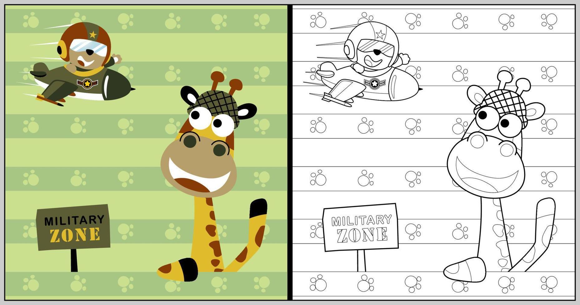 vector cartoon of funny giraffe with little bear on airplane, coloring book or page