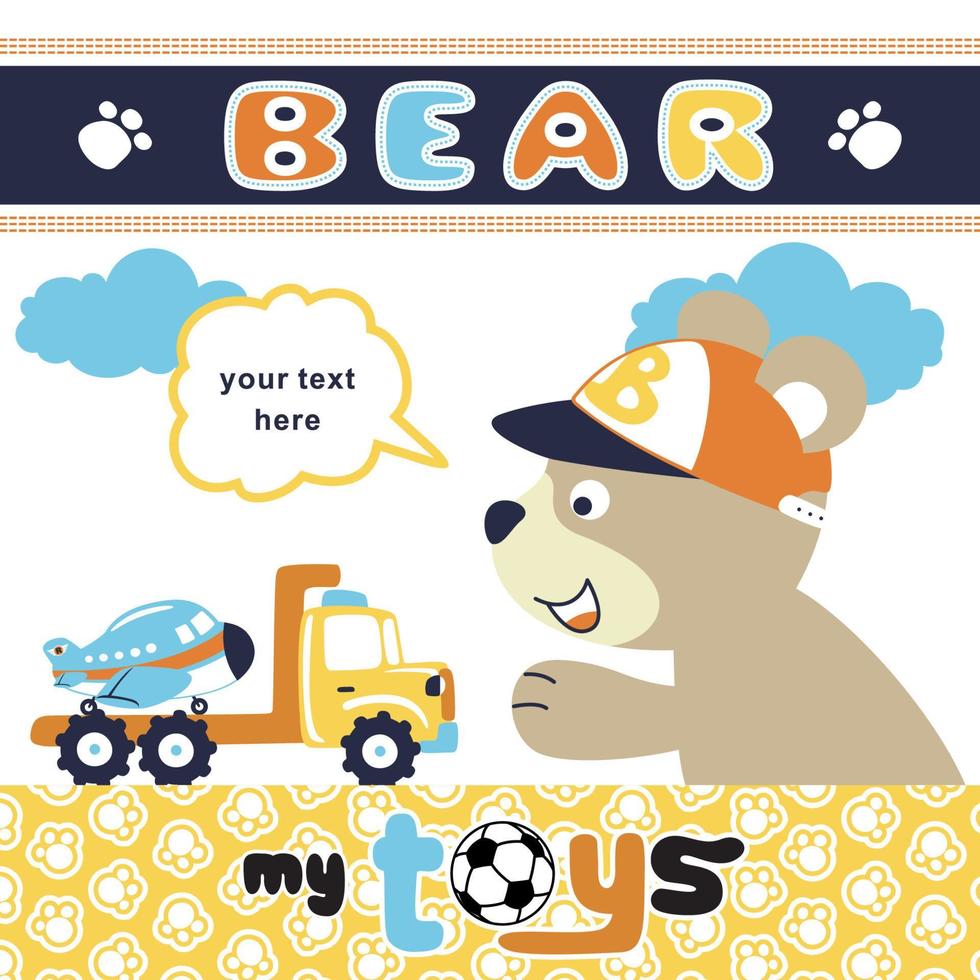 funny bear with it toys, vector cartoon illustration