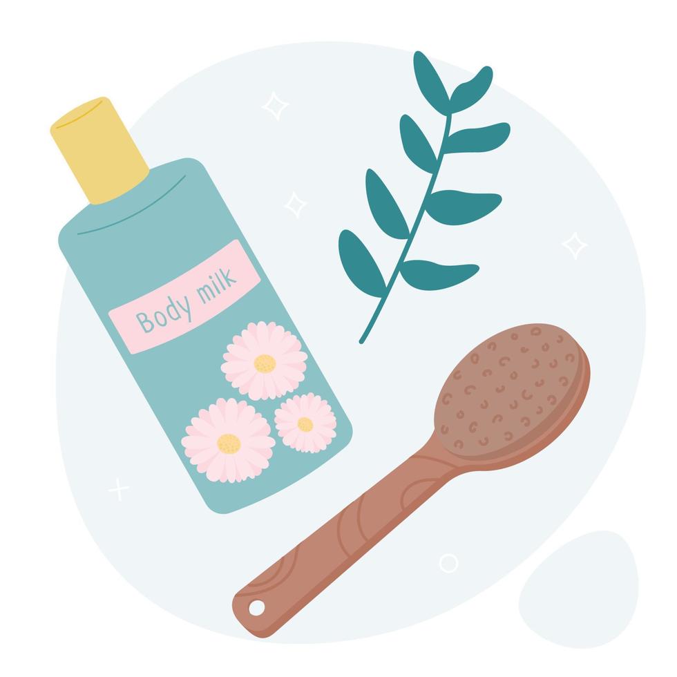 un conjunto de elementos para el hogar y baño - cuerpo leche, masaje cepillar. embalaje para natural productos cosméticos - un frasco, un botella. color plano vector ilustración, aislado.