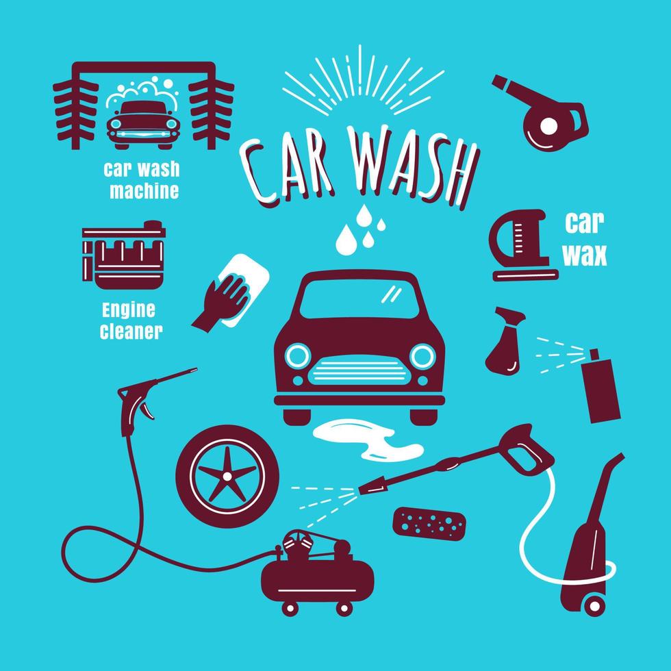 Set car wash icon hand drawn vintage design vector