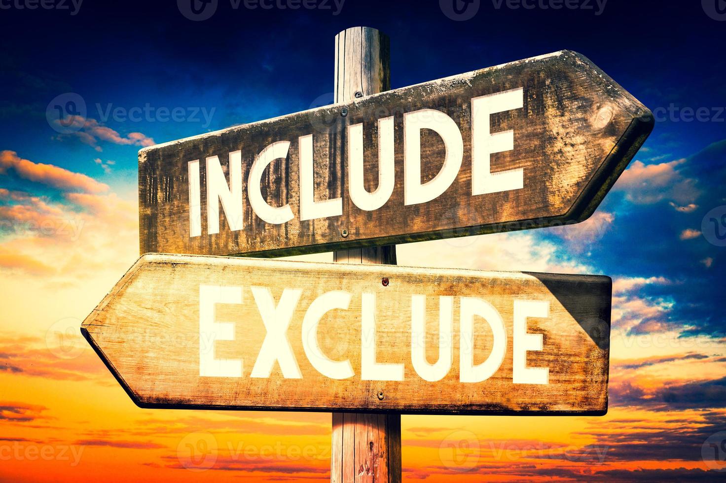 Include, Exclude - Wooden Signpost with Two Arrows, Sunset Sky in ...