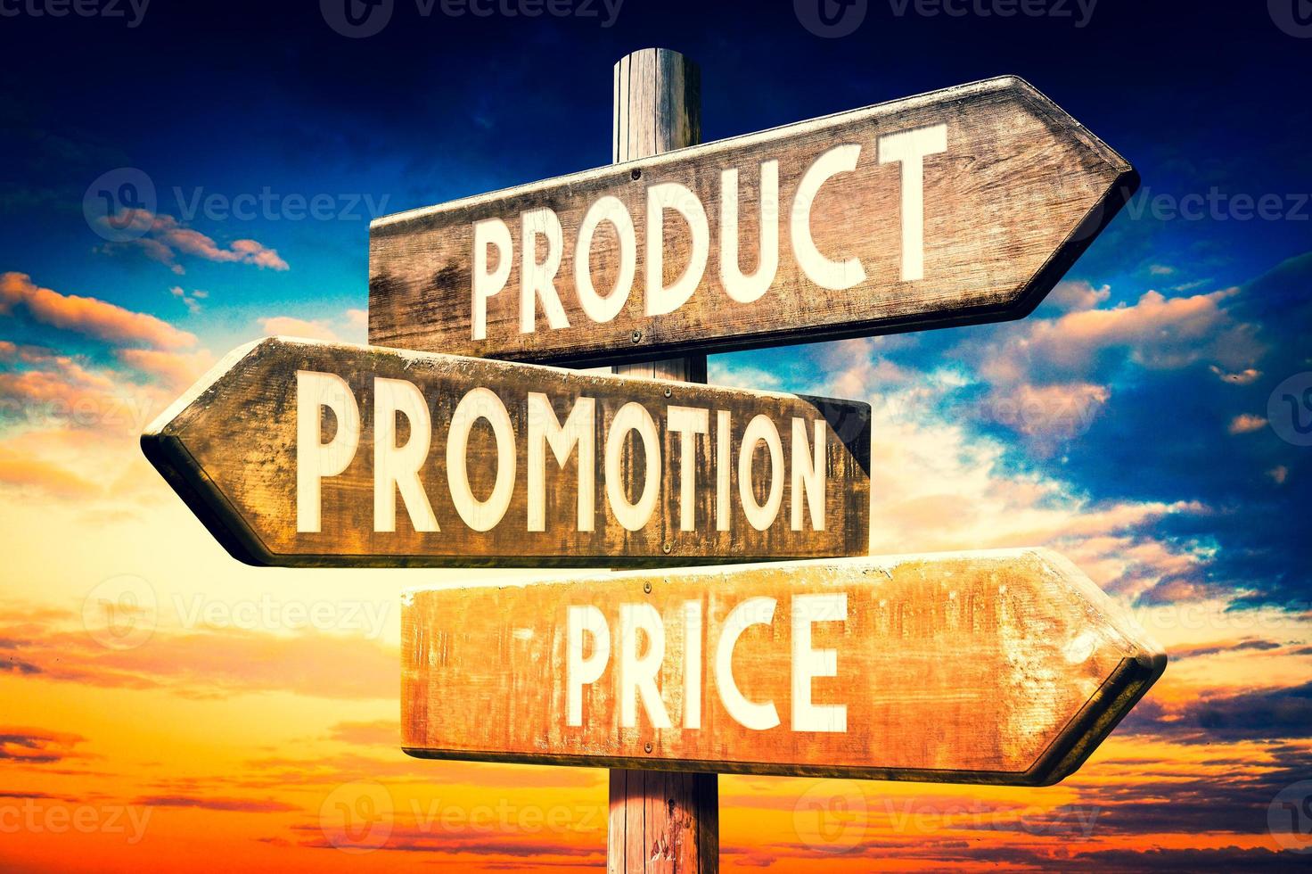 Product, Promotion, Price - Wooden Signpost with Three Arrows, Sunset Sky in Background photo