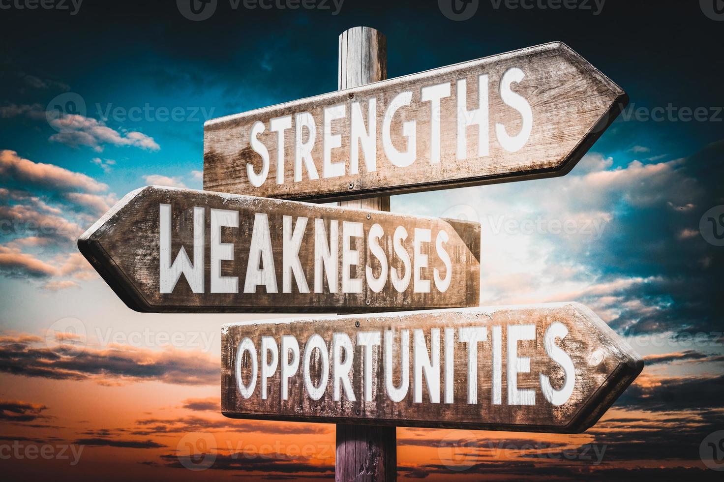 Strengths, Weaknesses, Opportunities - Wooden Signpost with Three Arrows, Sunset Sky in Background photo