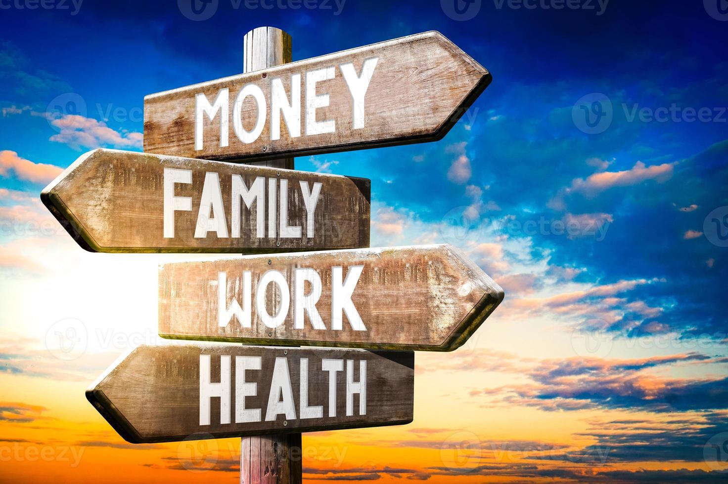 Money, Family, Work, Health - Wooden Signpost with Four Arrows, Sunset Sky in Background photo