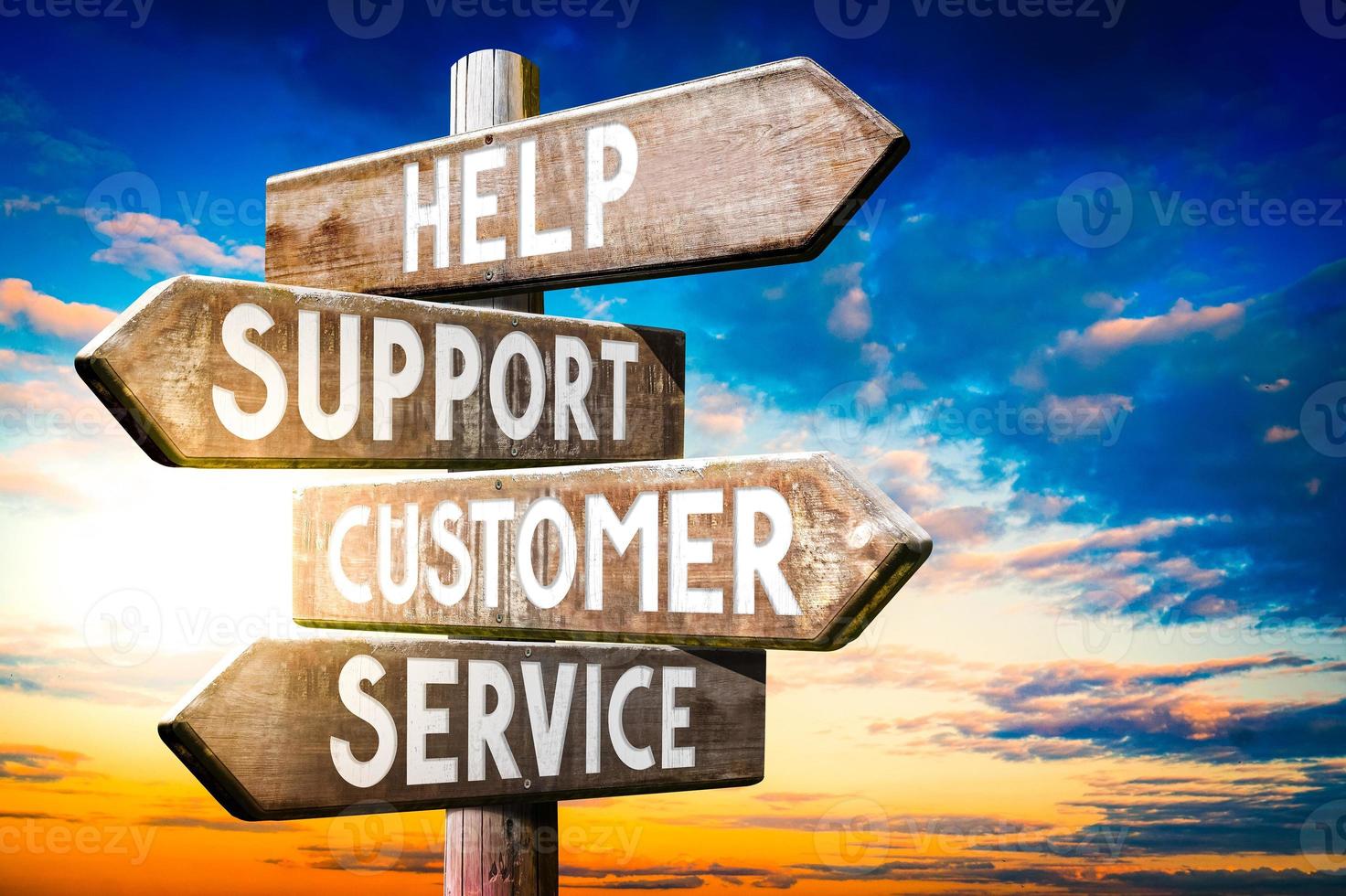 Help, Support, Customer, Service Wooden Signpost with Four Arrows