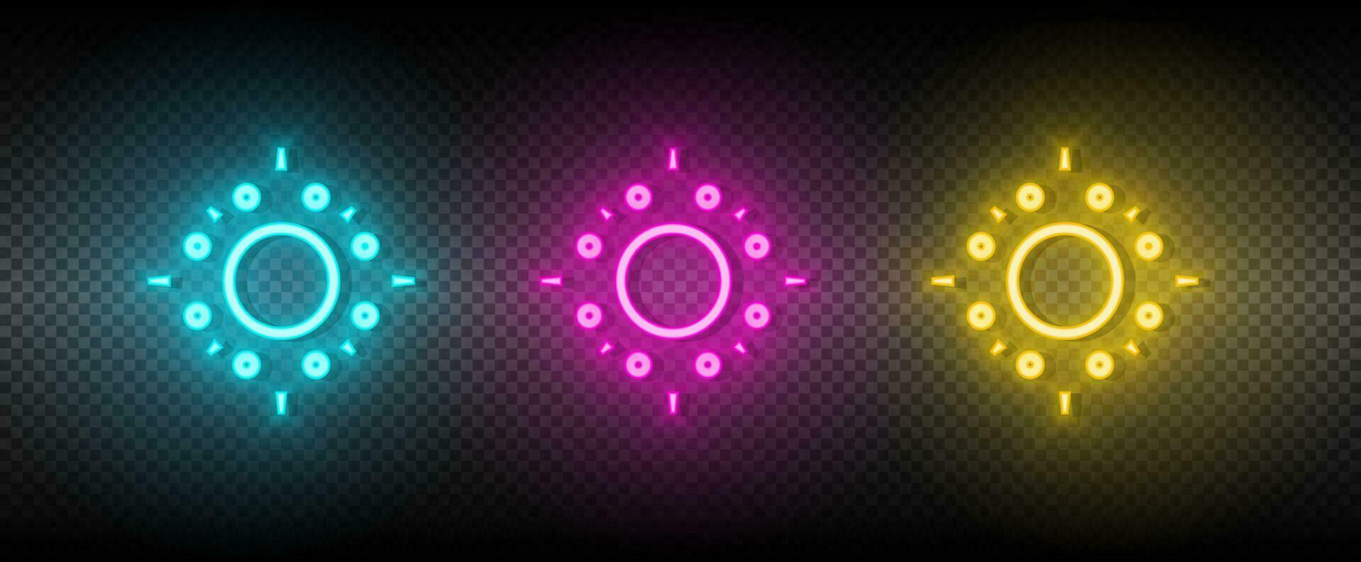 Sun blue, pink and yellow neon vector icon set.