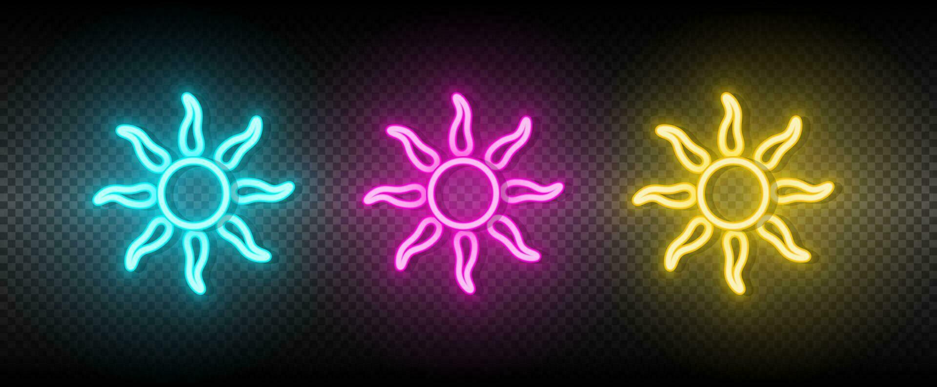 Sun blue, pink and yellow neon vector icon set.