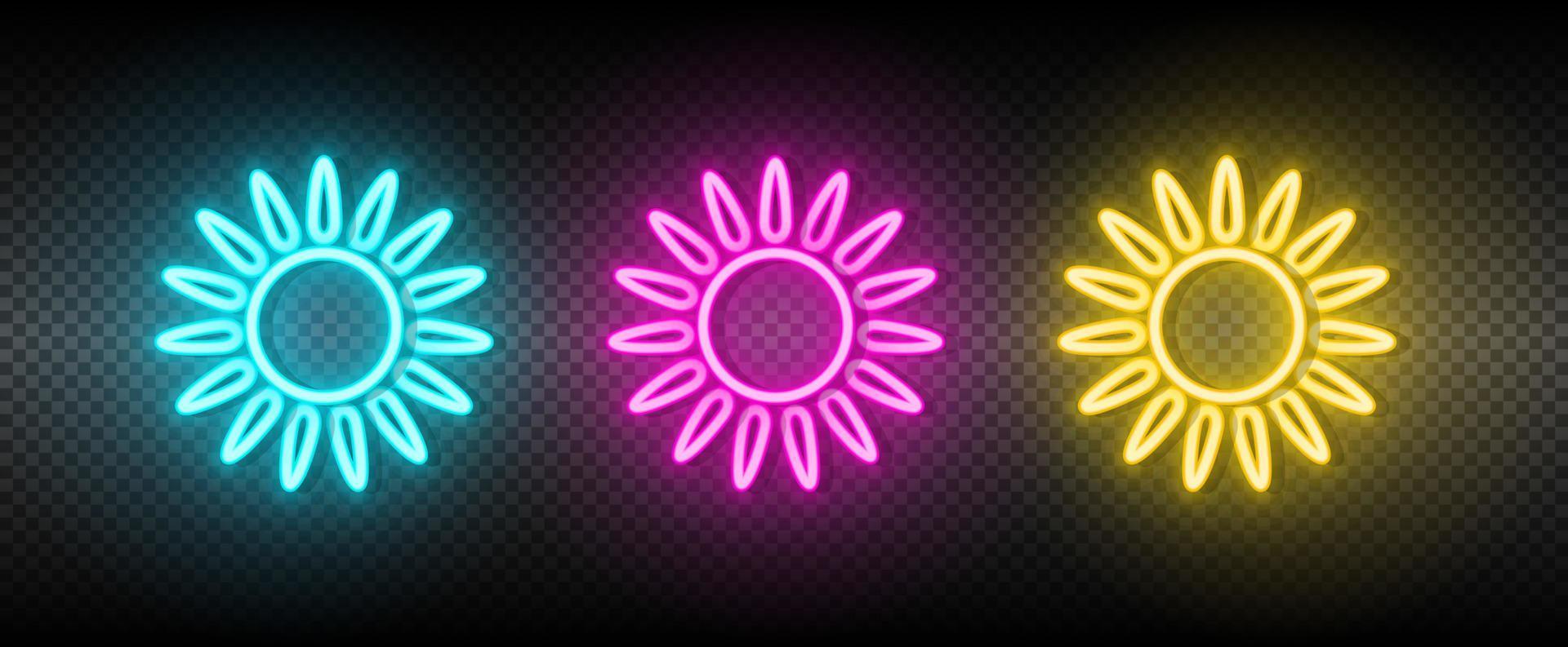 Sun blue, pink and yellow neon vector icon set.
