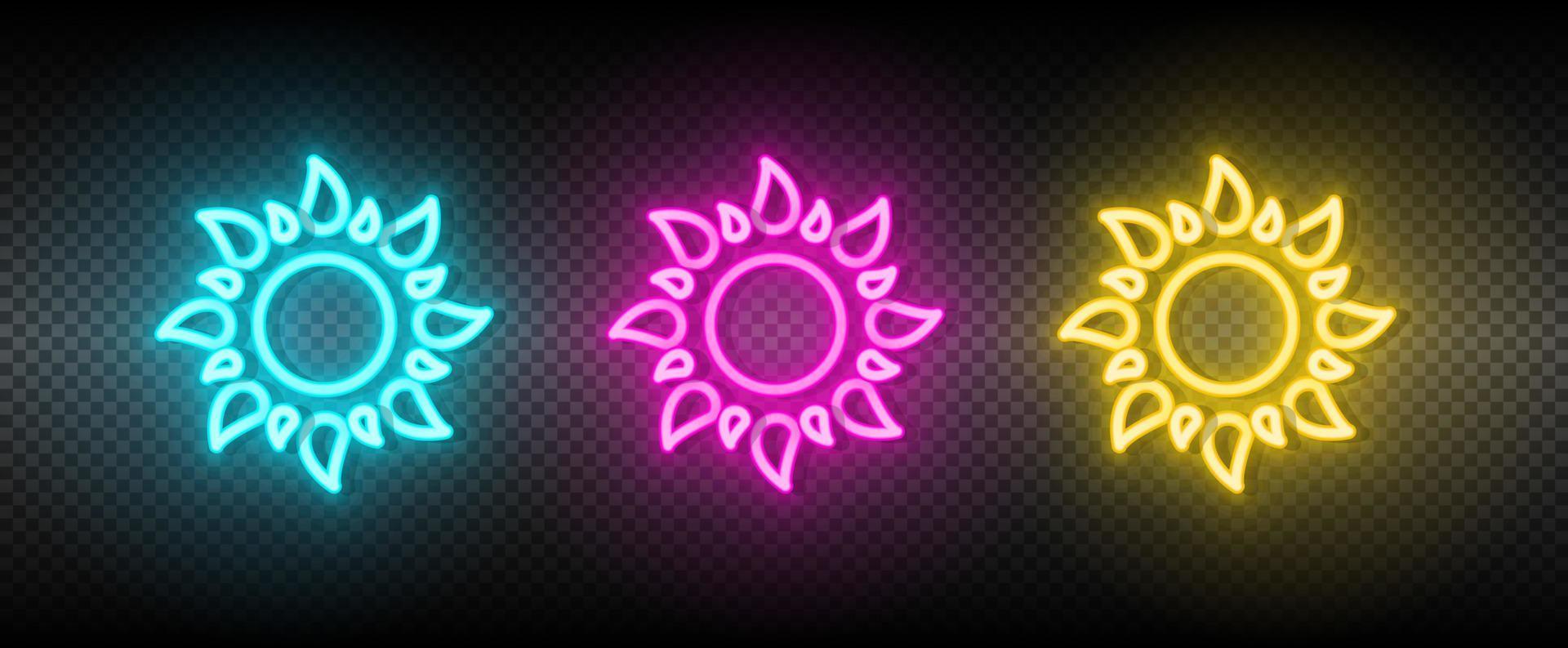 Sun blue, pink and yellow neon vector icon set.