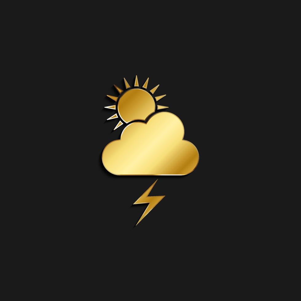 sun, cloud, lightning gold icon. Vector illustration of golden style. Summer time on dark background .