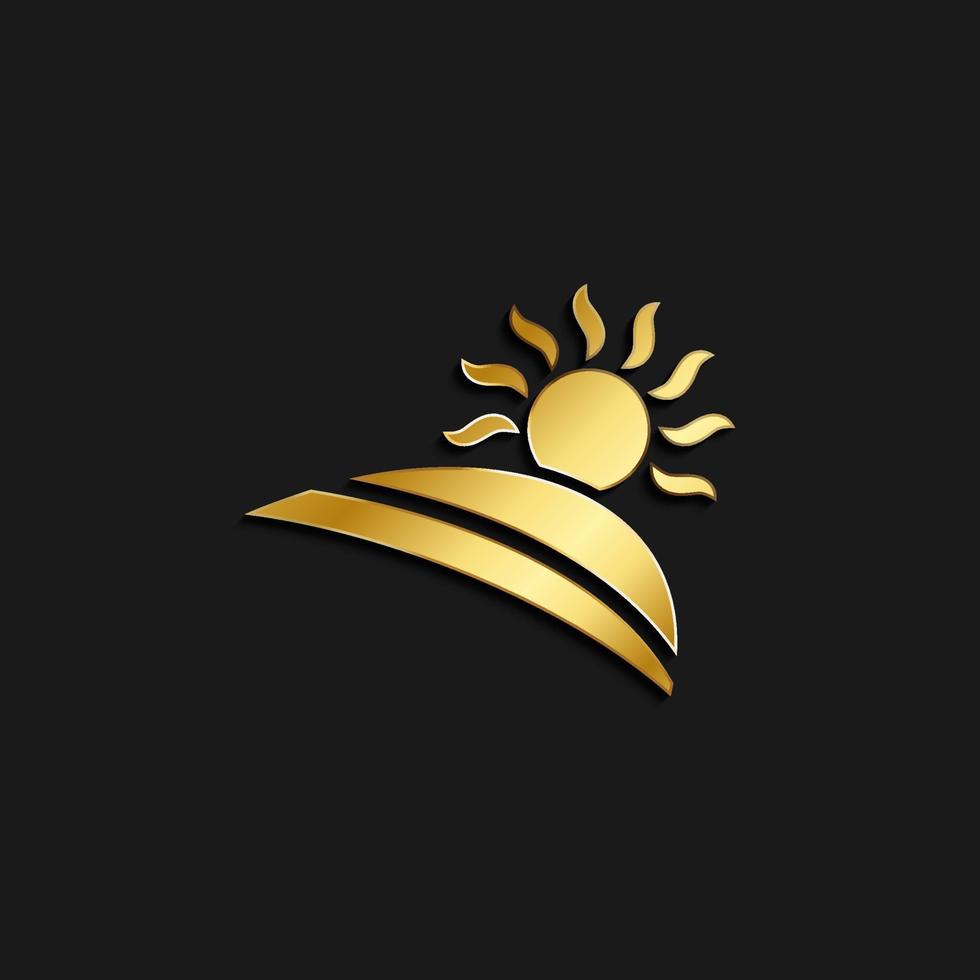 sun, landscape gold icon. Vector illustration of golden style. Summer time on dark background .