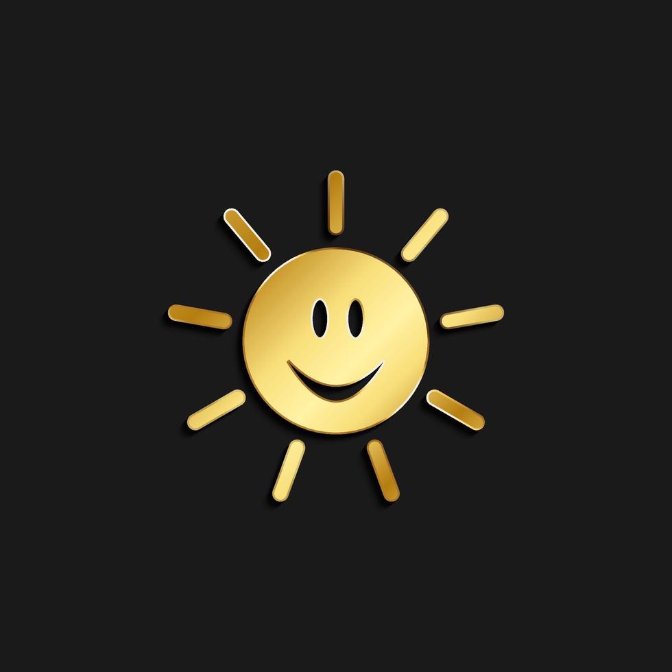 sun, emoji gold icon. Vector illustration of golden style. Summer time on dark background .