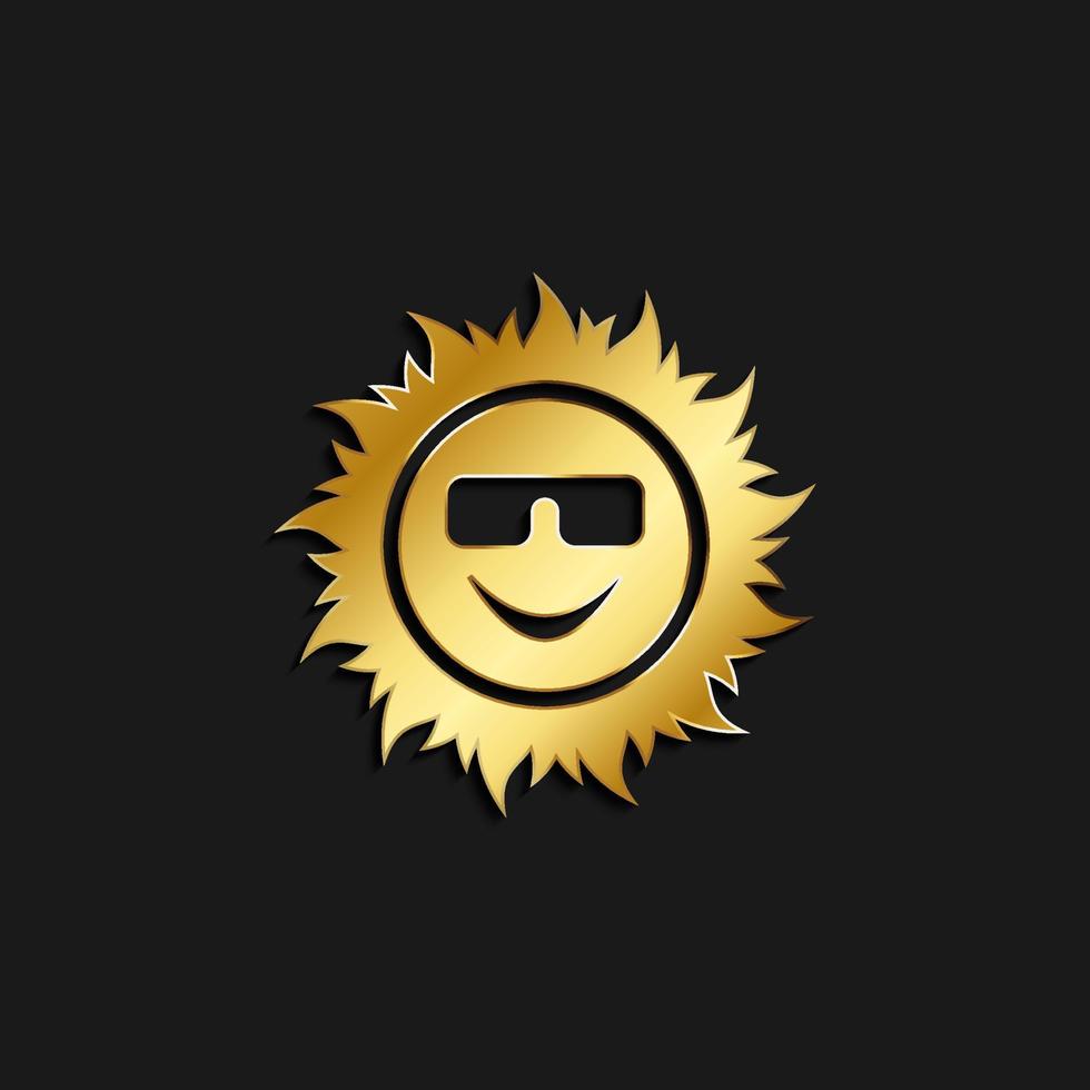 sun, emoji gold icon. Vector illustration of golden style. Summer time on dark background .