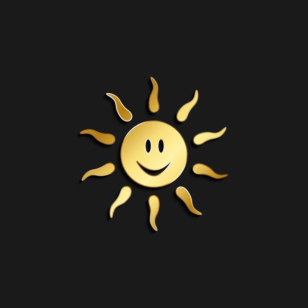 sun, emoji gold icon. Vector illustration of golden style. Summer time on dark background .