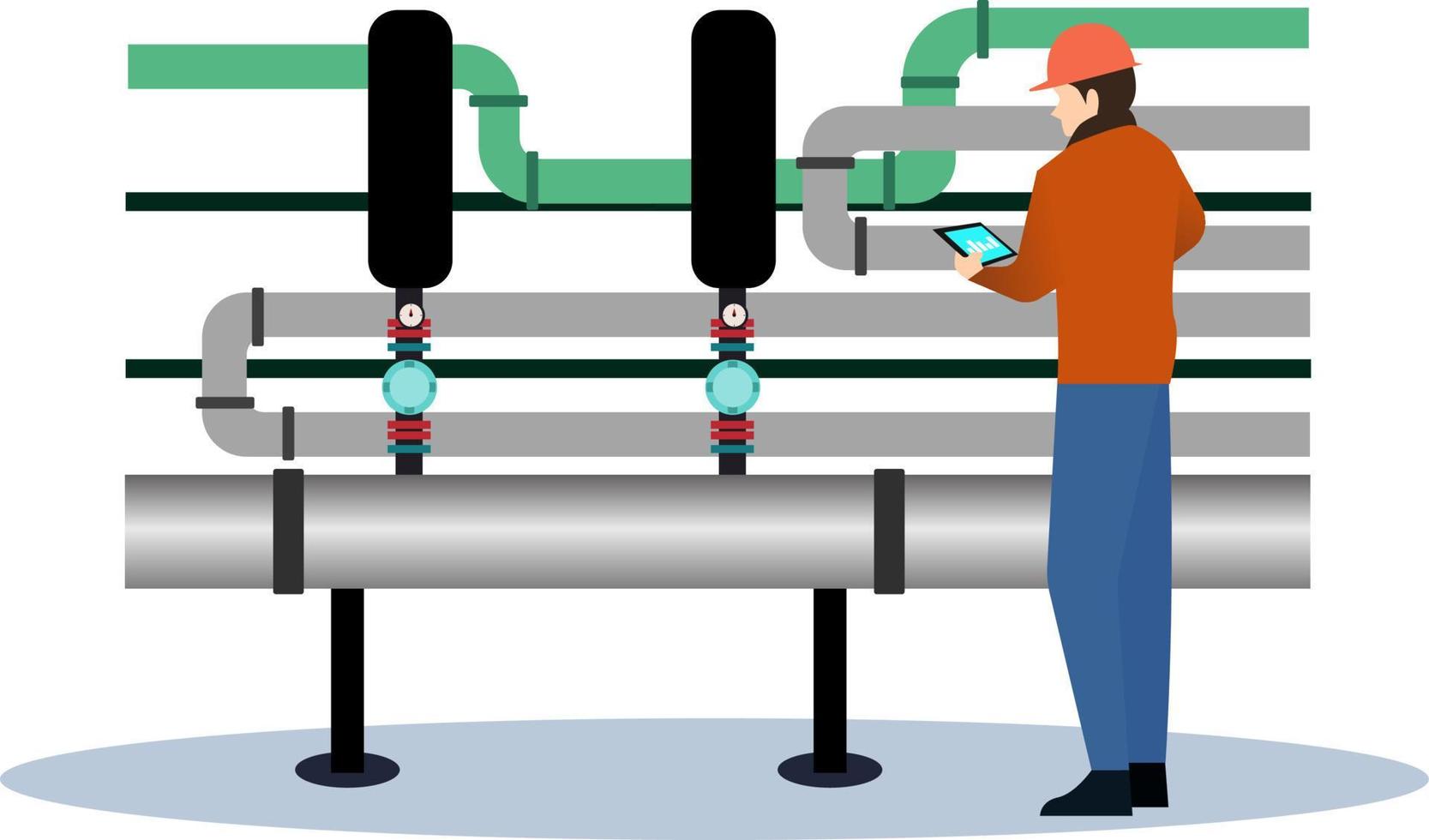 pipe industry worker vector illustration, Oil gas workers, Pipeline repairman flat vector illustration, workers in special clothing and helmet, Petroleum engineers control operation of fuels pipe