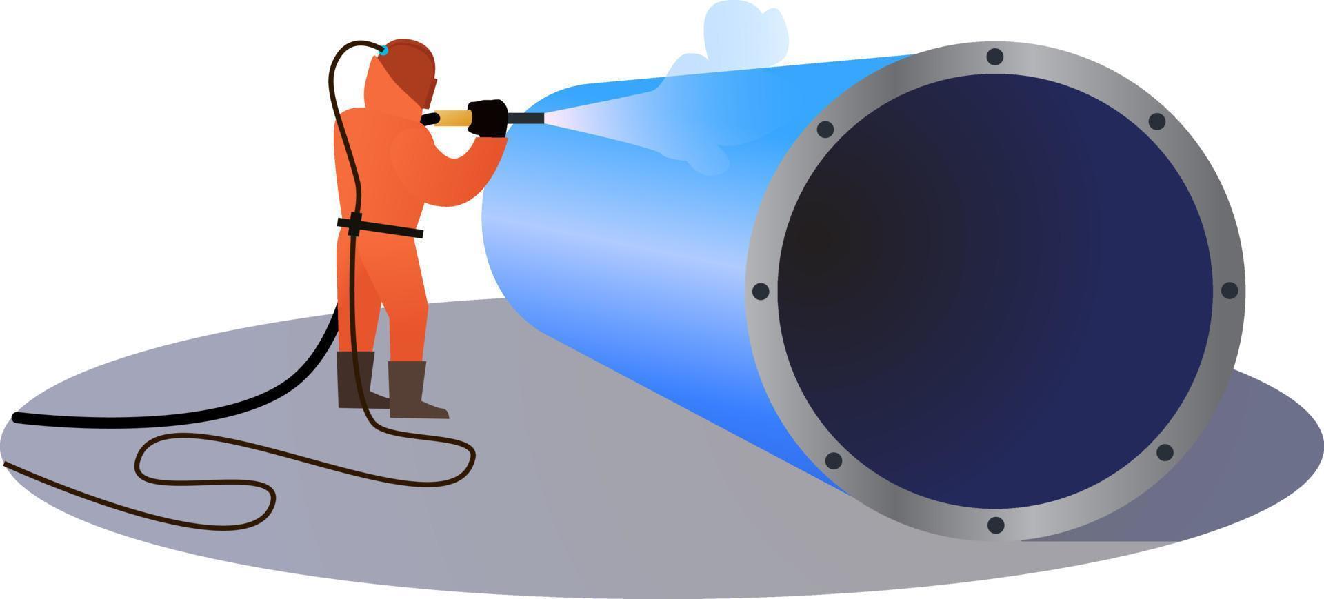 Sandblasting process vector illustration, Industrial worker using sand blasting process preparation cleaning surface on big steel, industrial worker, steel factory concept