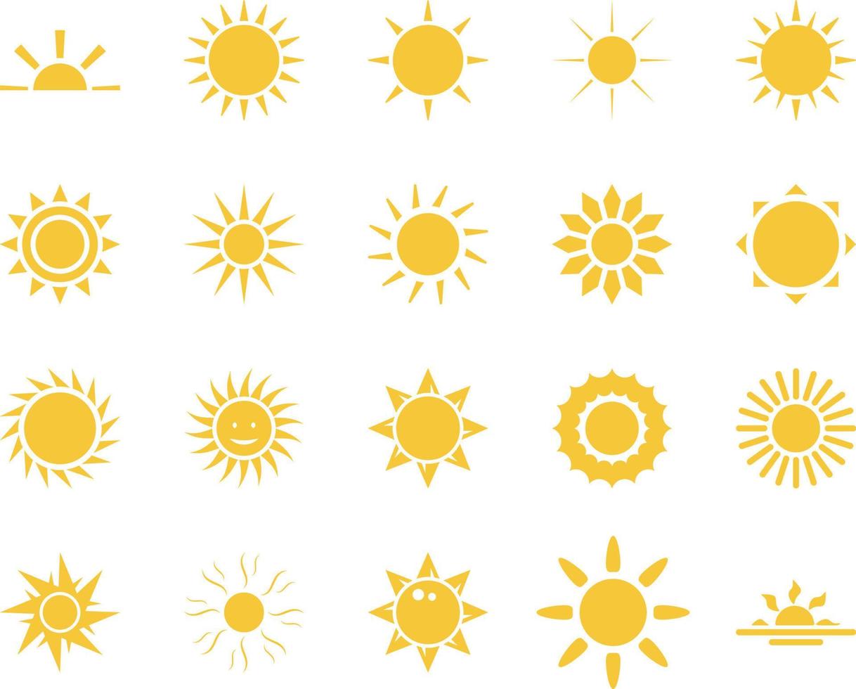 sun. Summer time icon set. Set of yellow icons of the sun, isolated on white background . vector