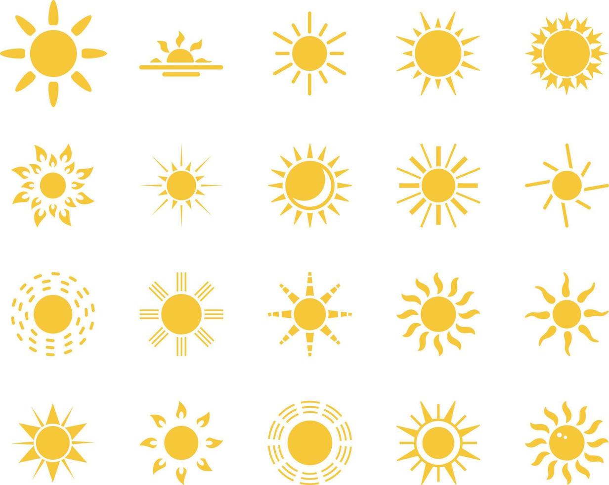 Dom. verano hora icono colocar. conjunto de amarillo íconos de el sol, aislado en blanco antecedentes . vector