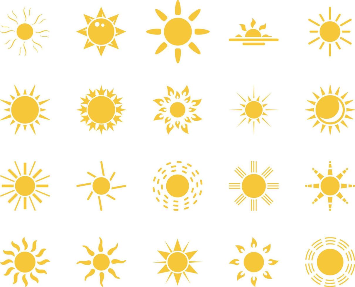 sun. Summer time icon set. Set of yellow icons of the sun, isolated on white background . vector