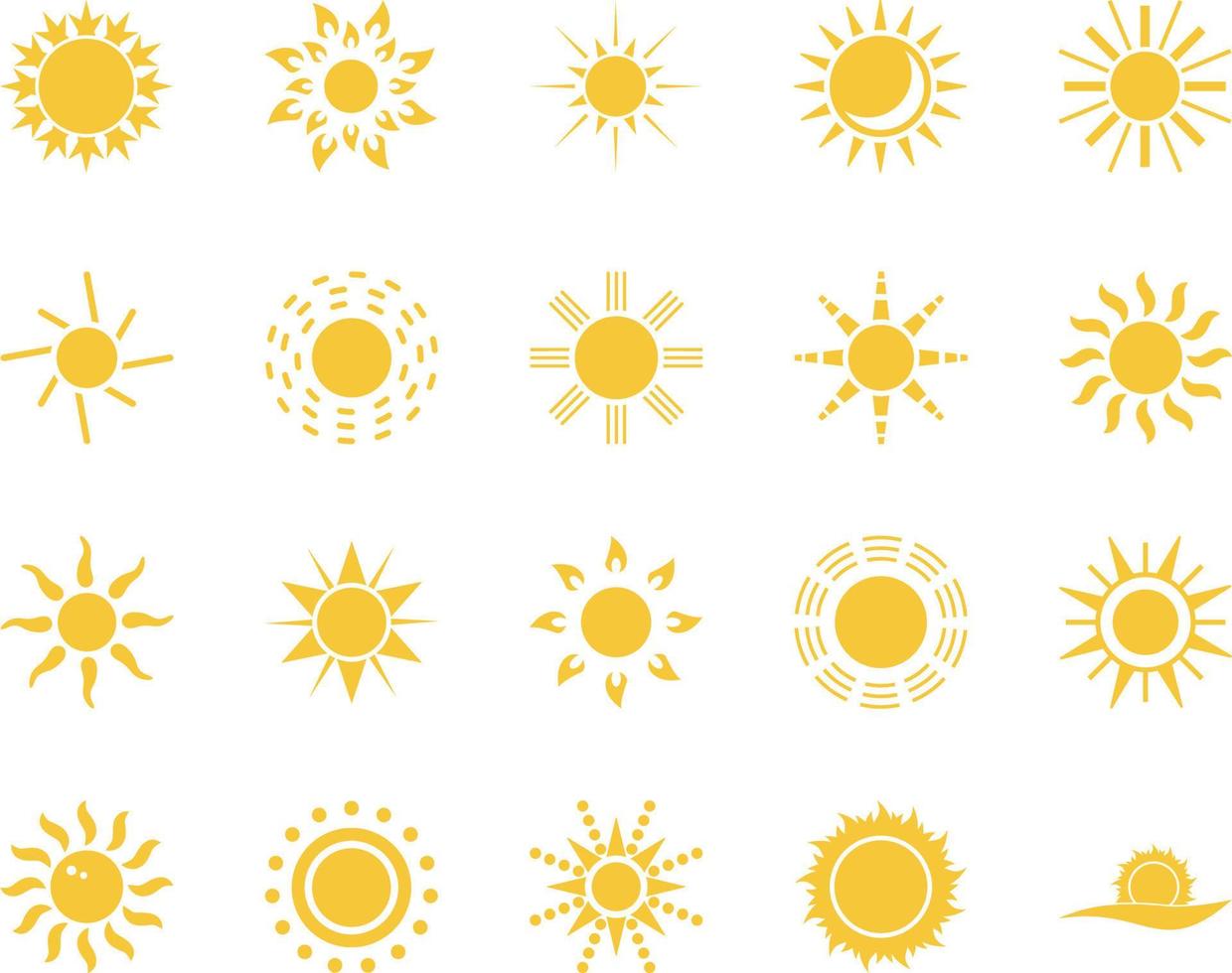 sun, sea, cloud. Summer time icon set. Set of yellow icons of the sun, isolated on white background . vector