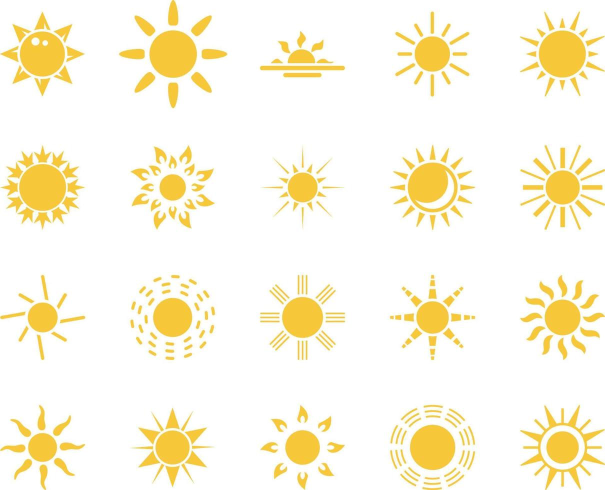 Dom. verano hora icono colocar. conjunto de amarillo íconos de el sol, aislado en blanco antecedentes . vector