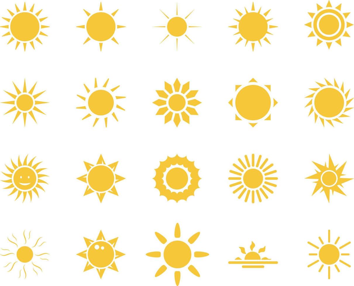 sun. Summer time icon set. Set of yellow icons of the sun, isolated on white background . vector