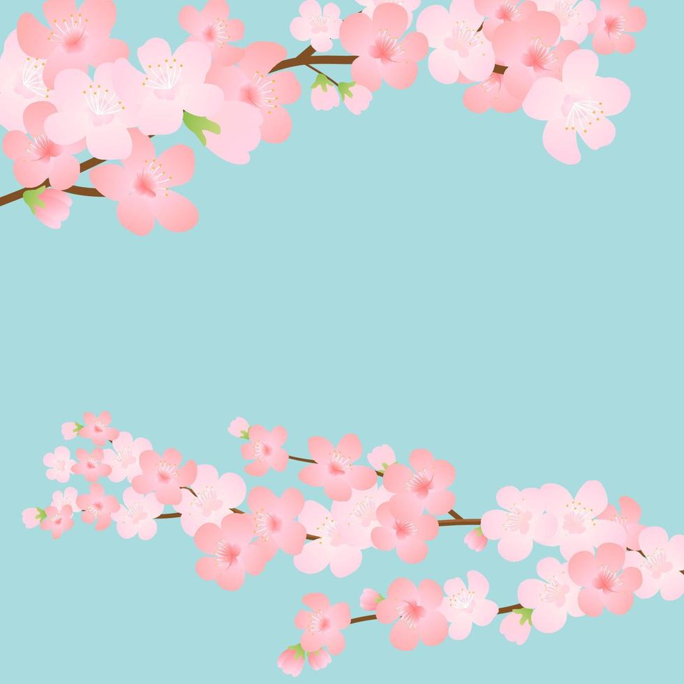 Horizontal template with cherry blossom, spring flowers, falling petals. Retro vector illustration. Place for your text. Design for invitation, banner, card, poster, flyer.