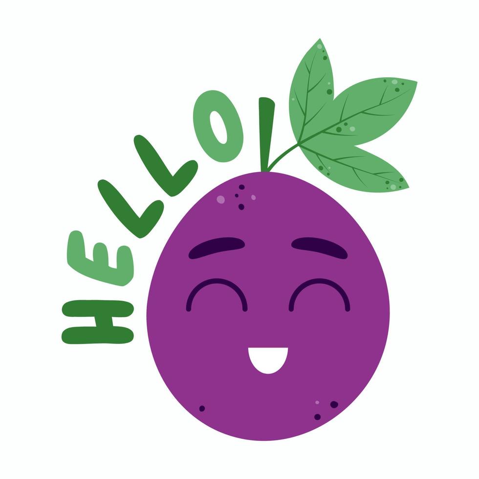 Happy kawaii passion fruit with the inscription hello. Cartoon mascot fruit character. Isolated vector illustration on white background.