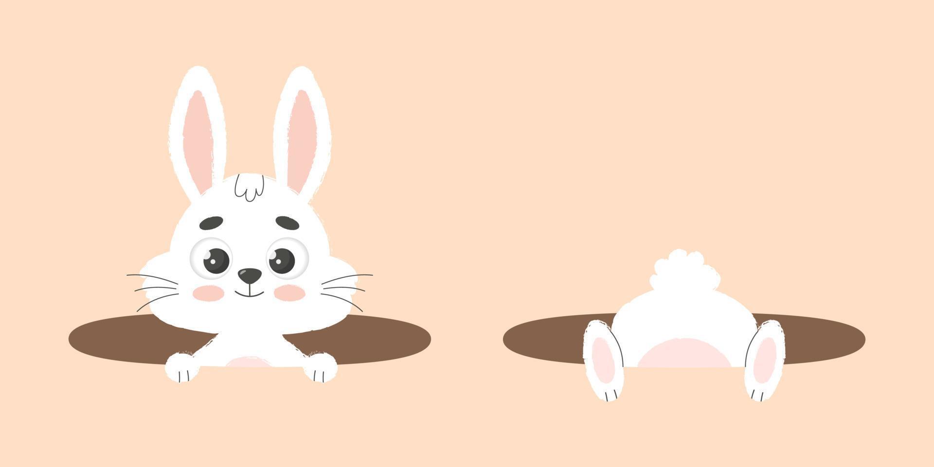 White easter bunny in hole. Trendy vector illustration.