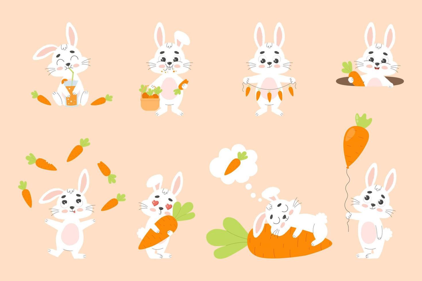 linda blanco conejito con Zanahoria colocar. pequeño Conejo personaje. dibujos animados vector ilustración