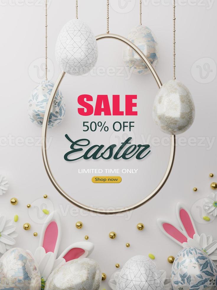 Easter sale banner design. Easter sale text up to 50percent off promotion with 3d realistic bunny and eggs for seasonal shop discount advertisement. Luxury easter concept.  3d rendering. photo