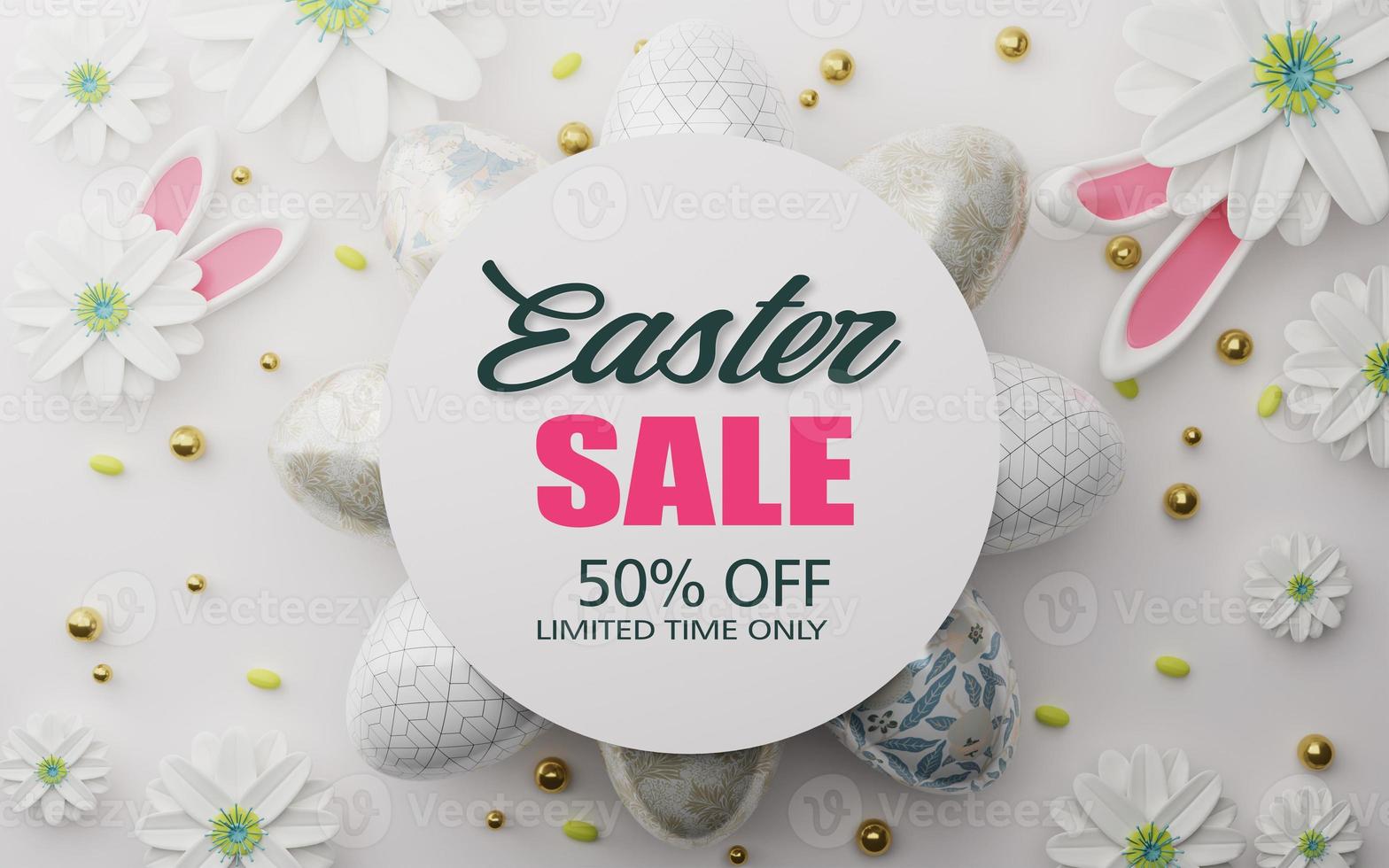 Easter sale banner design. Easter sale text up to 50percent off promotion with 3d realistic bunny and eggs for seasonal shop discount advertisement. 3d rendering. photo