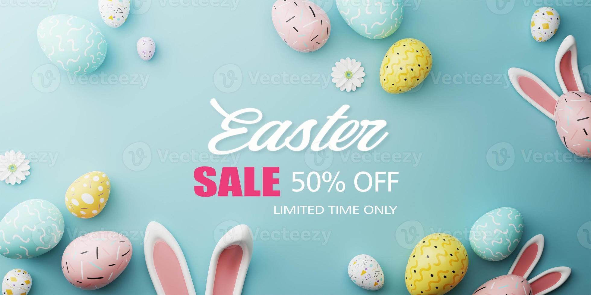 Easter sale banner design. Easter sale text up to 50percent off promotion with 3d realistic bunny and eggs for seasonal shop discount advertisement. 3d rendering. photo