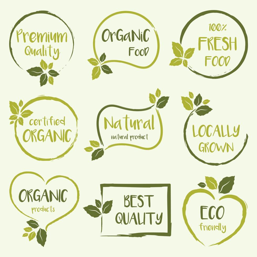 Organic food, natural food and healthy life product logos, stickers, labels and badges for food and drink market. vector