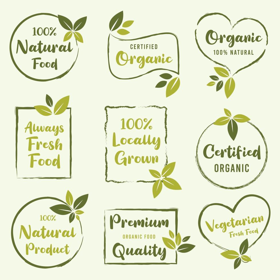 Set of organic food, natural food and healthy life product logos, stickers, labels and badges for food and drink market. vector