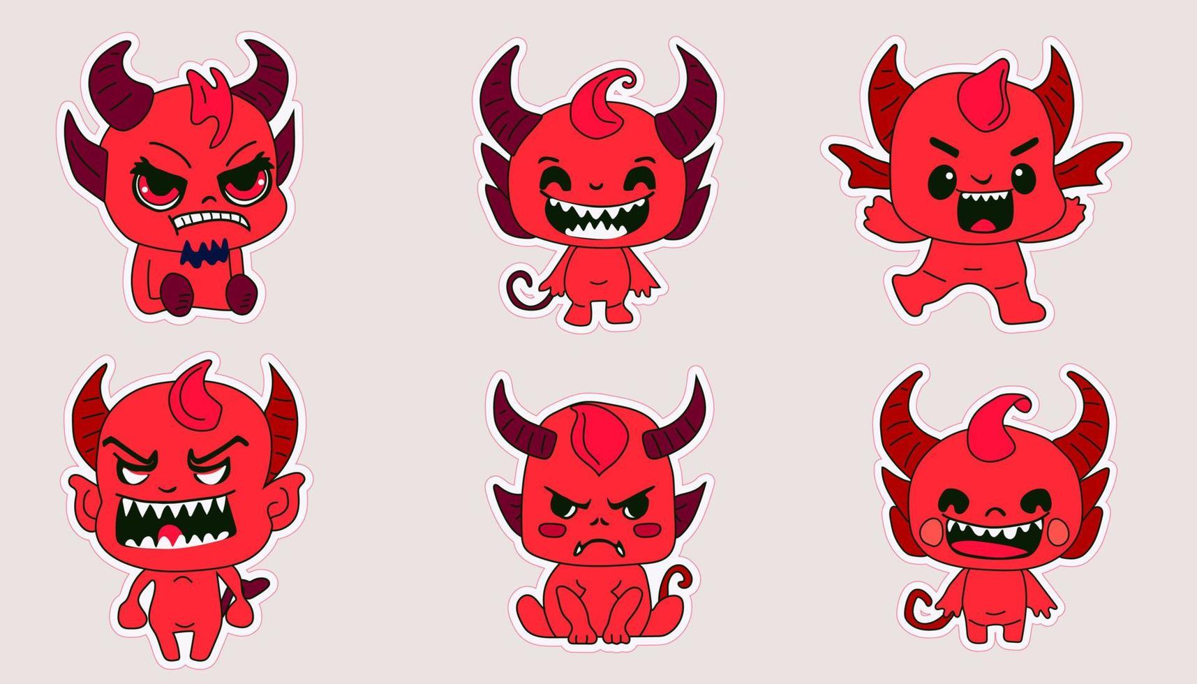 pegatinas emoji emoticon emoción contento caracteres dulce infernal entidad linda con cuernos demonio, mal espíritu, diablura, impuro fuerza vector