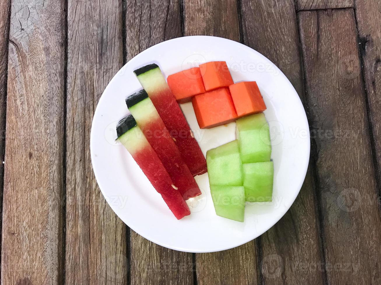 Fresh fruits in plate Melon,Watermelon and Papaya photo