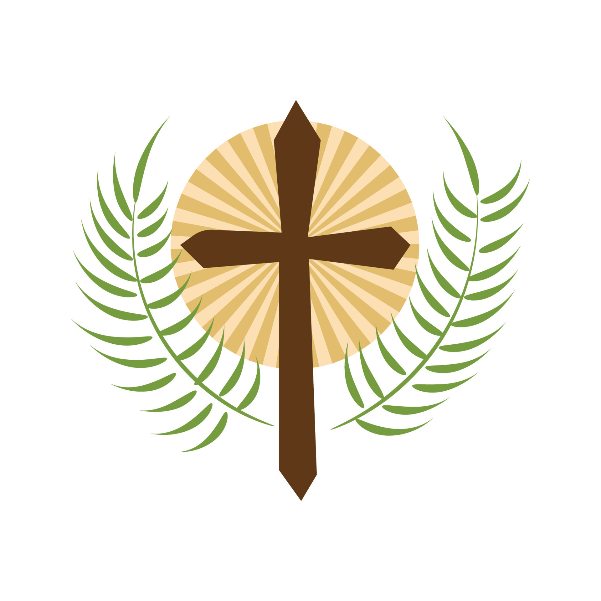 Holy Week. Christian Easter icon symbols. palm branch, cross of Jesus