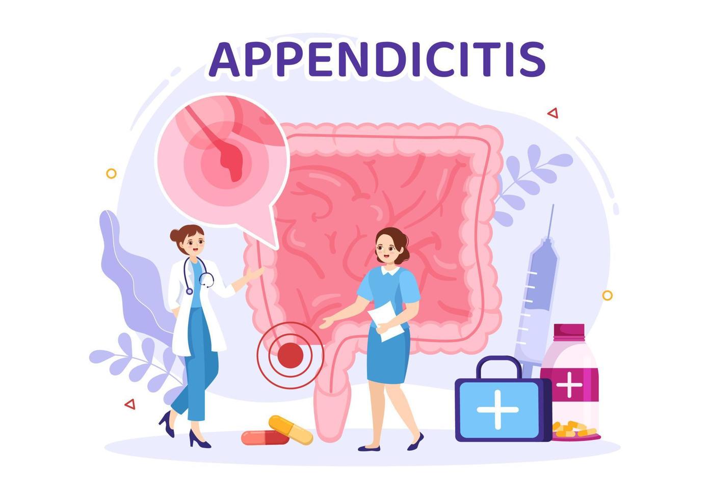 apendicitis ilustración con inflamación de el apéndice y estómago tratamiento en cuidado de la salud plano dibujos animados mano dibujado para aterrizaje página plantillas vector