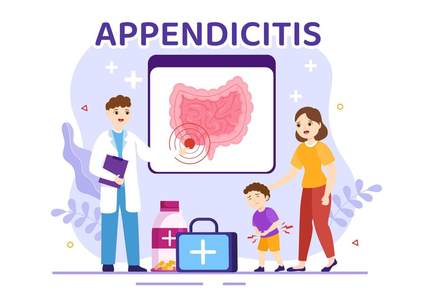 apendicitis ilustración con niños inflamación de el apéndice y estómago tratamiento en cuidado de la salud dibujos animados mano dibujado para aterrizaje página plantillas vector