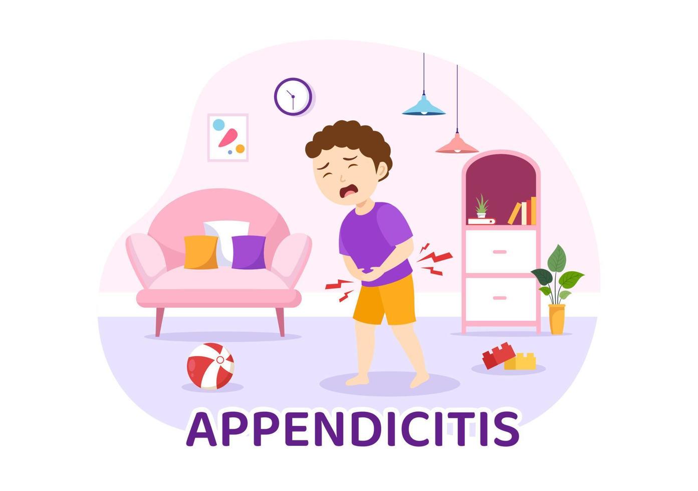 apendicitis ilustración con niños inflamación de el apéndice y estómago tratamiento en cuidado de la salud dibujos animados mano dibujado para aterrizaje página plantillas vector